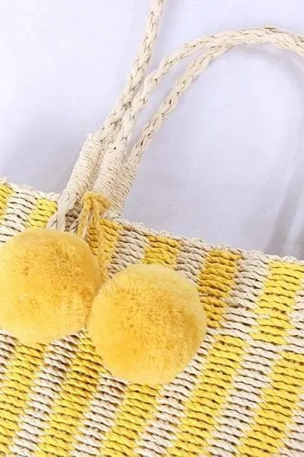 Paulie Pom Pom Straw Bag (Yellow)