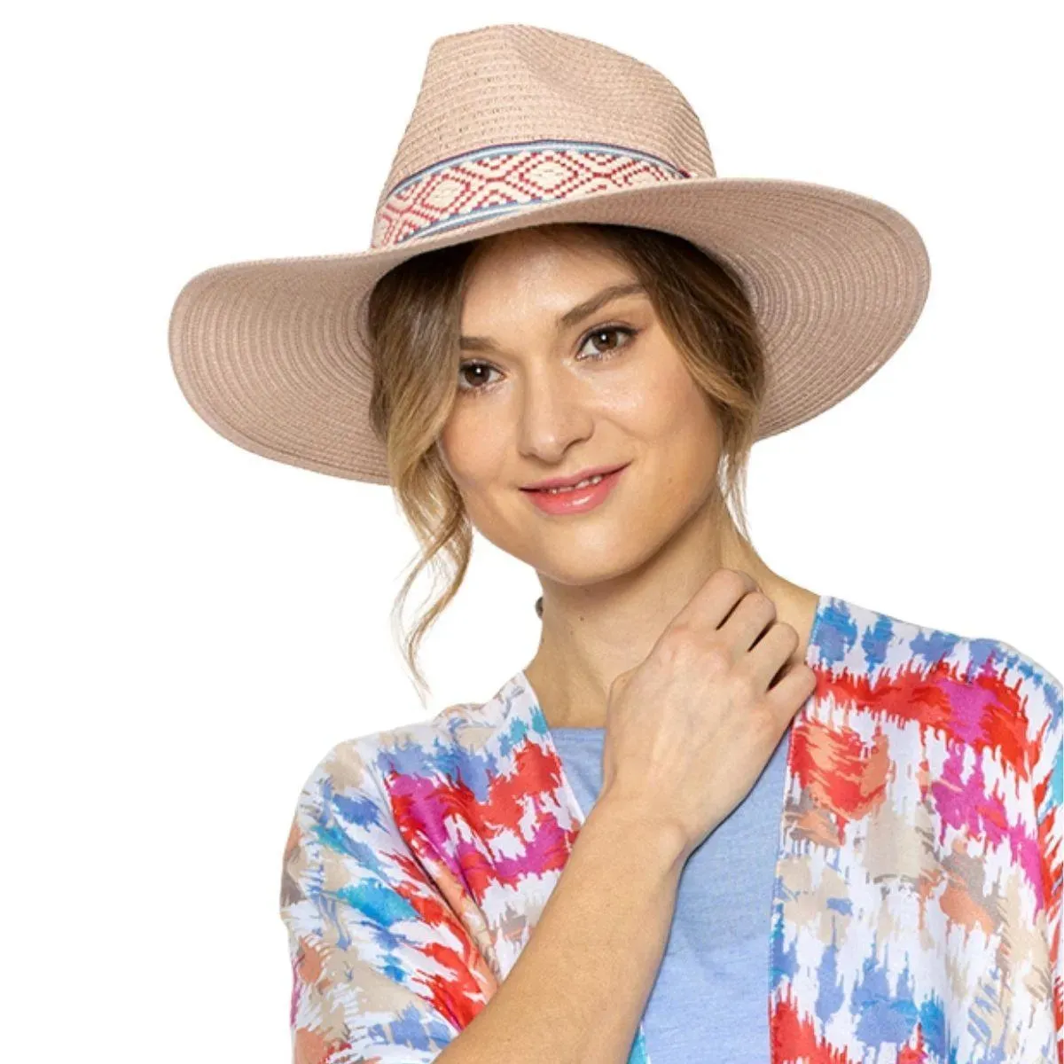 Pink Womens Panama Straw Hat with Woven Detail