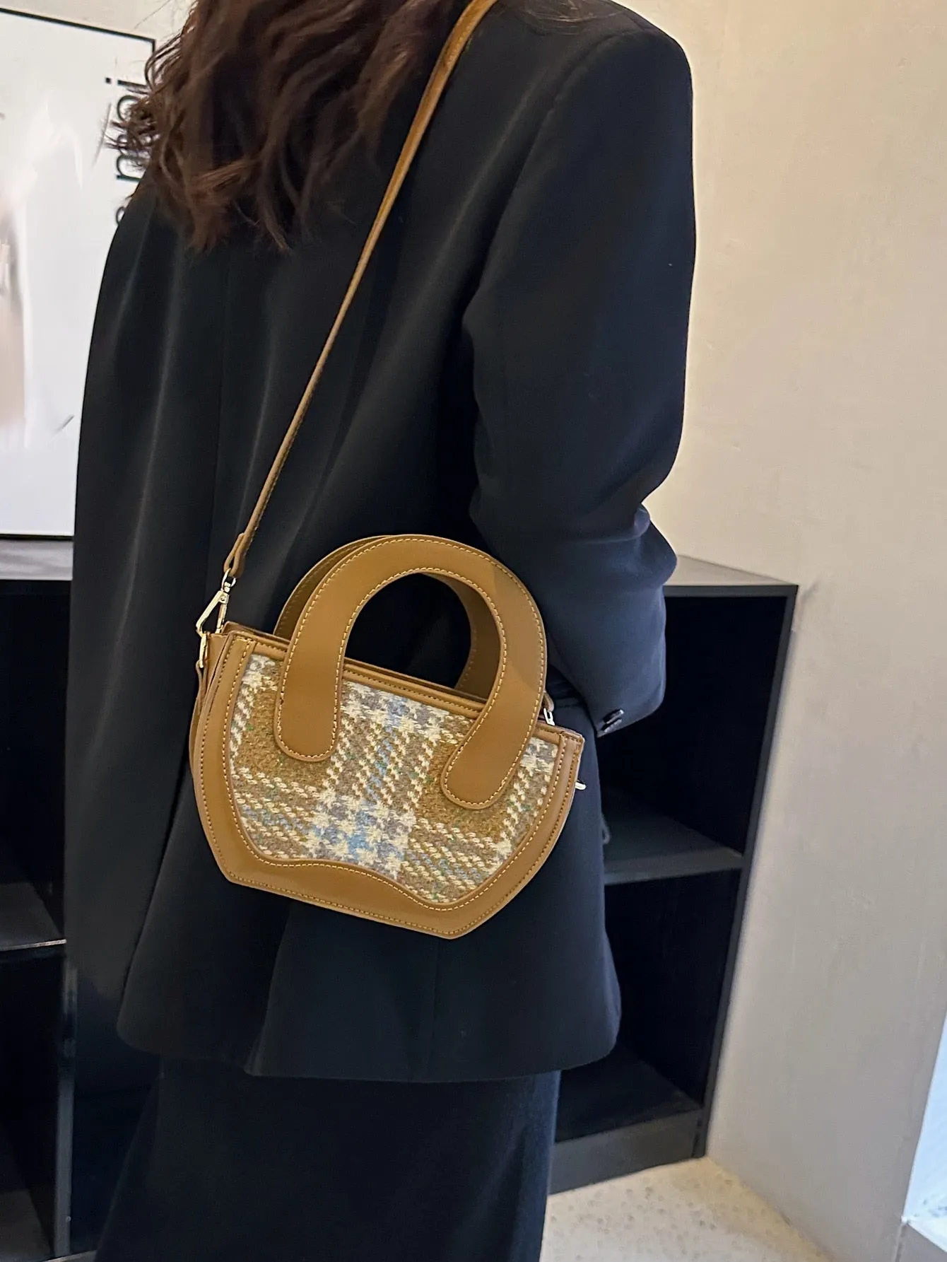 Plaid Pattern Double Handle Satchel Bag