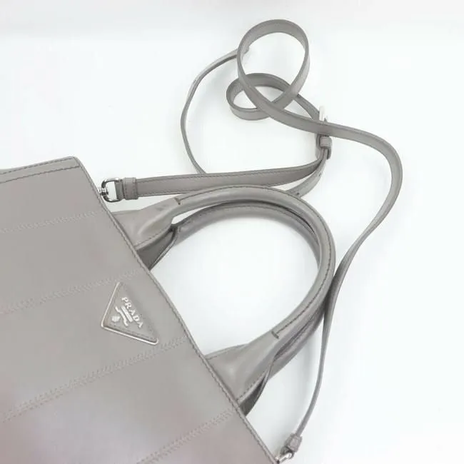 Prada Vitello Daino Top Handle Two Way Grey Leather Chrome Satchel