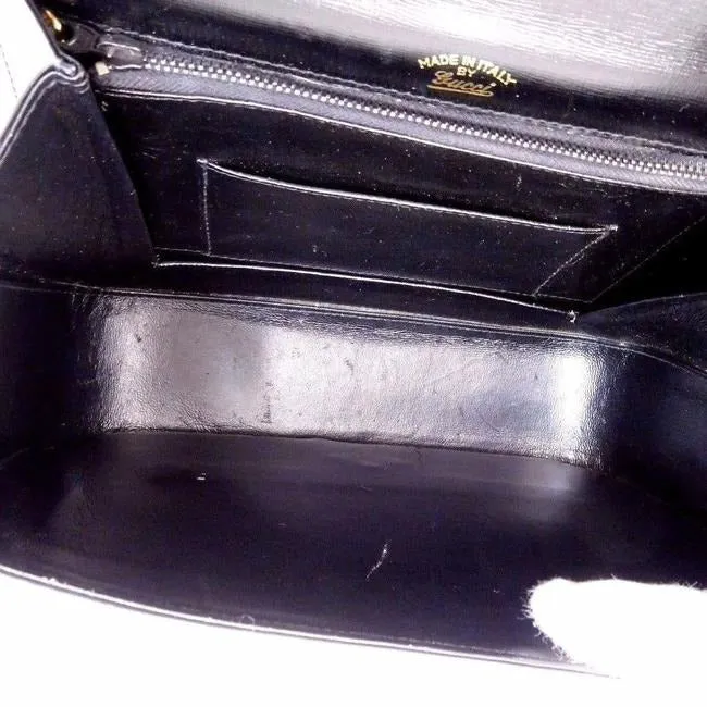 RARE, vintage Gucci, mod, black leather, two-way top handle style purse with gold tone accents