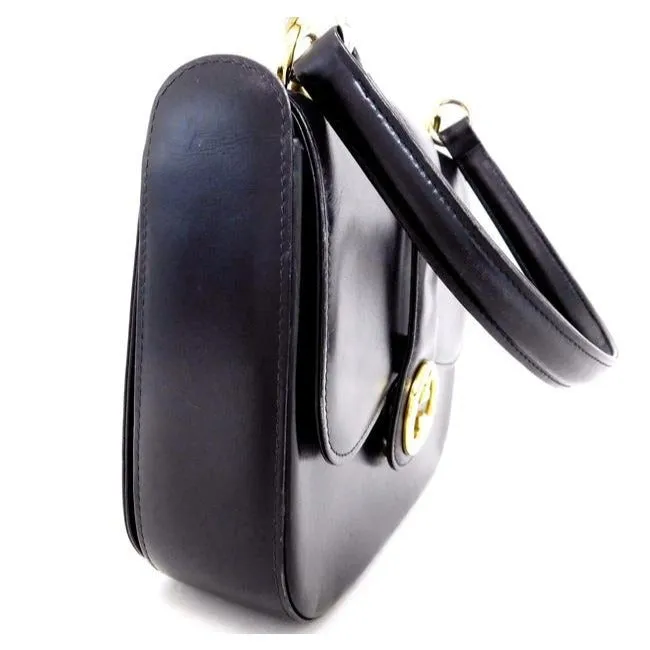 RARE, vintage Gucci, mod, black leather, two-way top handle style purse with gold tone accents