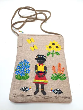 small beaded, hand painted sling bag lined with shweshwe