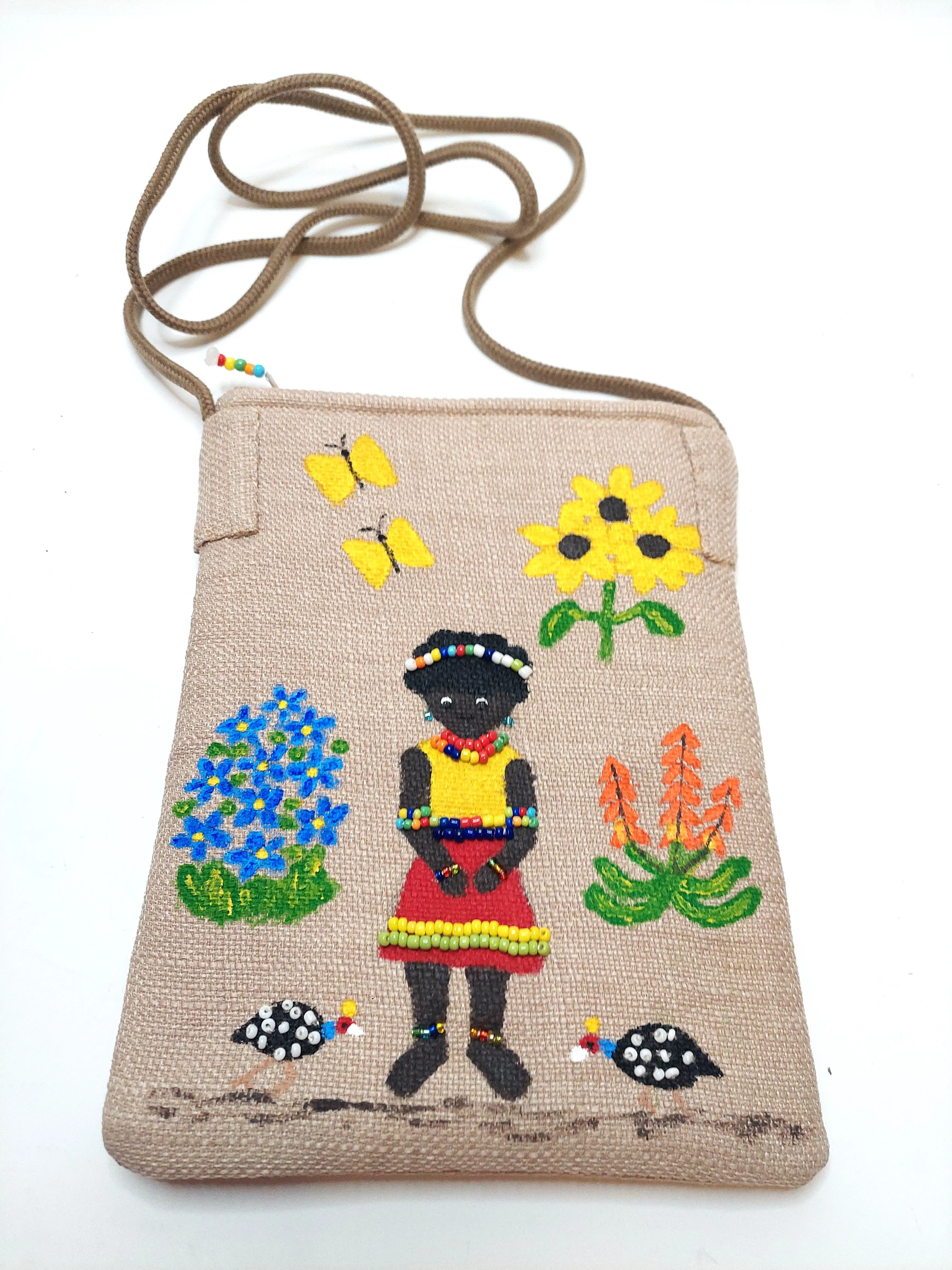 small beaded, hand painted sling bag lined with shweshwe