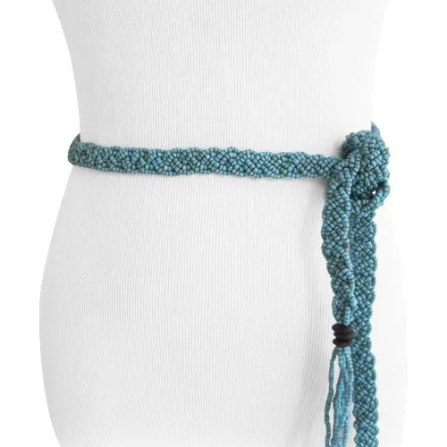 Turquoise Braid Beaded Women's Belt with Natural Wood Buckle