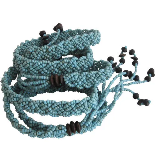Turquoise Braid Beaded Women's Belt with Natural Wood Buckle