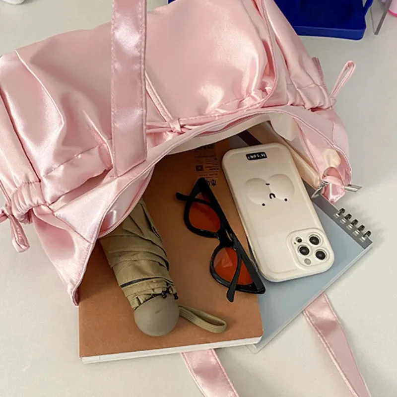 Uakiss Cute Sweet Girl Handbag Luxury Satin Fold Bow Single Shoulder Bag Dopamine Large Capacity Girl Underarm Tote Bag