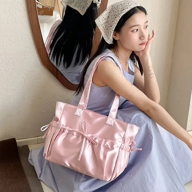 Uakiss Cute Sweet Girl Handbag Luxury Satin Fold Bow Single Shoulder Bag Dopamine Large Capacity Girl Underarm Tote Bag