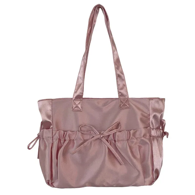 Uakiss Cute Sweet Girl Handbag Luxury Satin Fold Bow Single Shoulder Bag Dopamine Large Capacity Girl Underarm Tote Bag