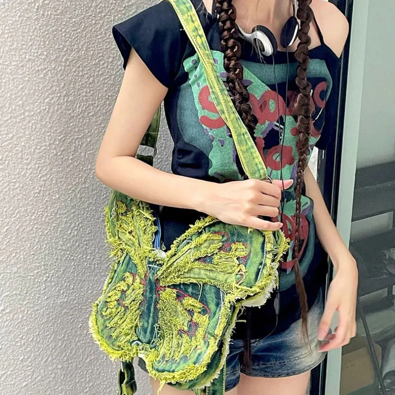 Uakiss Fashion Butterfly Embroidery Shoulder Bags Y2k Aesthetic Trendy Women Casual Backpacks Vintage Denim Harajuku Crossbody Handbags