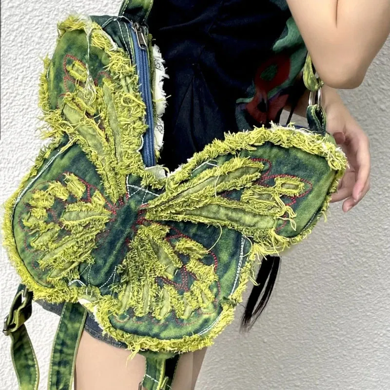 Uakiss Fashion Butterfly Embroidery Shoulder Bags Y2k Aesthetic Trendy Women Casual Backpacks Vintage Denim Harajuku Crossbody Handbags