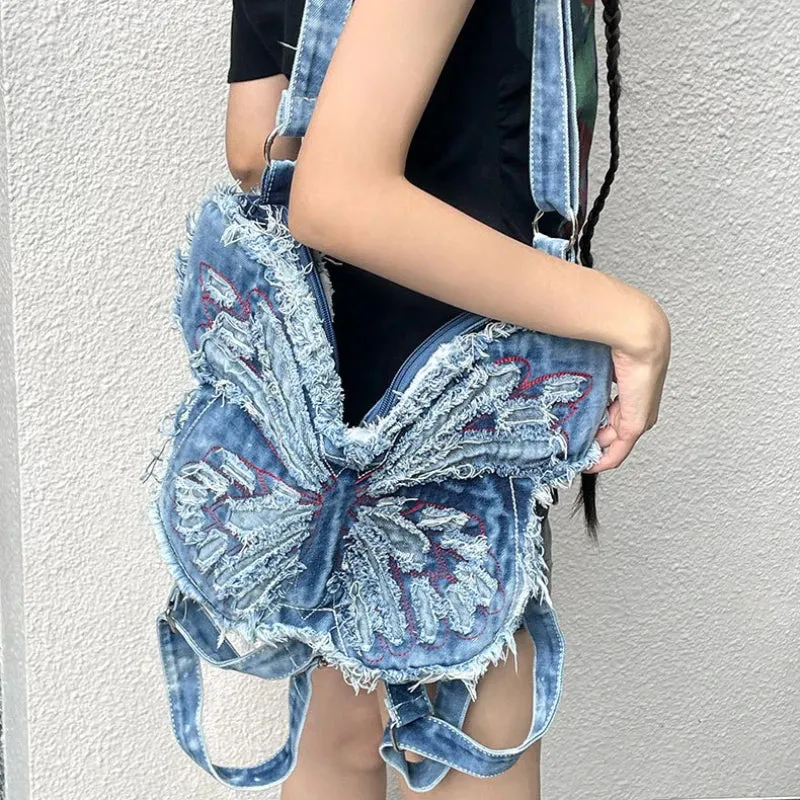 Uakiss Fashion Butterfly Embroidery Shoulder Bags Y2k Aesthetic Trendy Women Casual Backpacks Vintage Denim Harajuku Crossbody Handbags