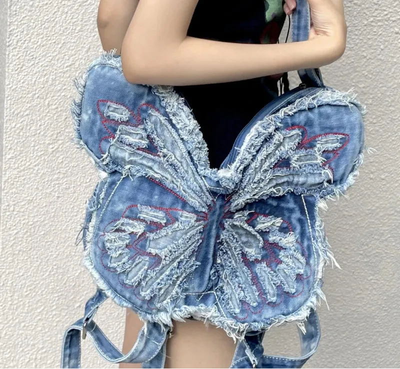 Uakiss Fashion Butterfly Embroidery Shoulder Bags Y2k Aesthetic Trendy Women Casual Backpacks Vintage Denim Harajuku Crossbody Handbags