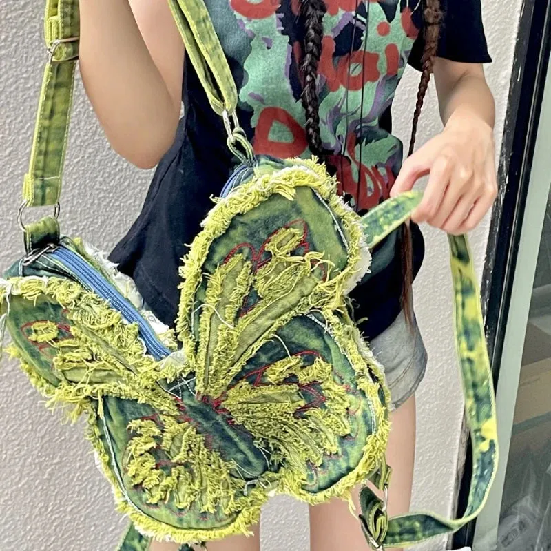 Uakiss Fashion Butterfly Embroidery Shoulder Bags Y2k Aesthetic Trendy Women Casual Backpacks Vintage Denim Harajuku Crossbody Handbags
