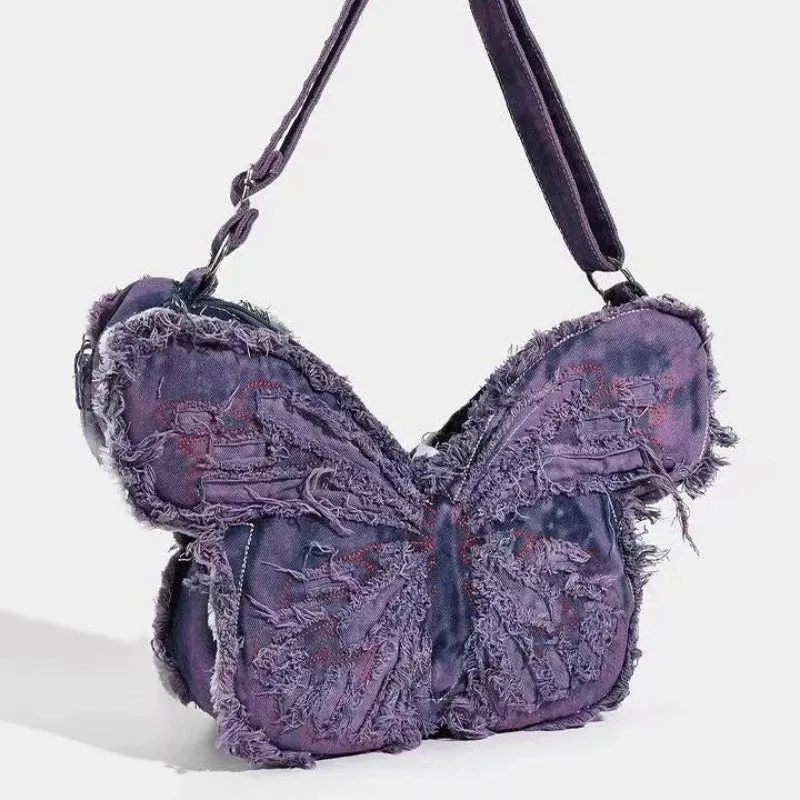 Uakiss Fashion Butterfly Embroidery Shoulder Bags Y2k Aesthetic Trendy Women Casual Backpacks Vintage Denim Harajuku Crossbody Handbags