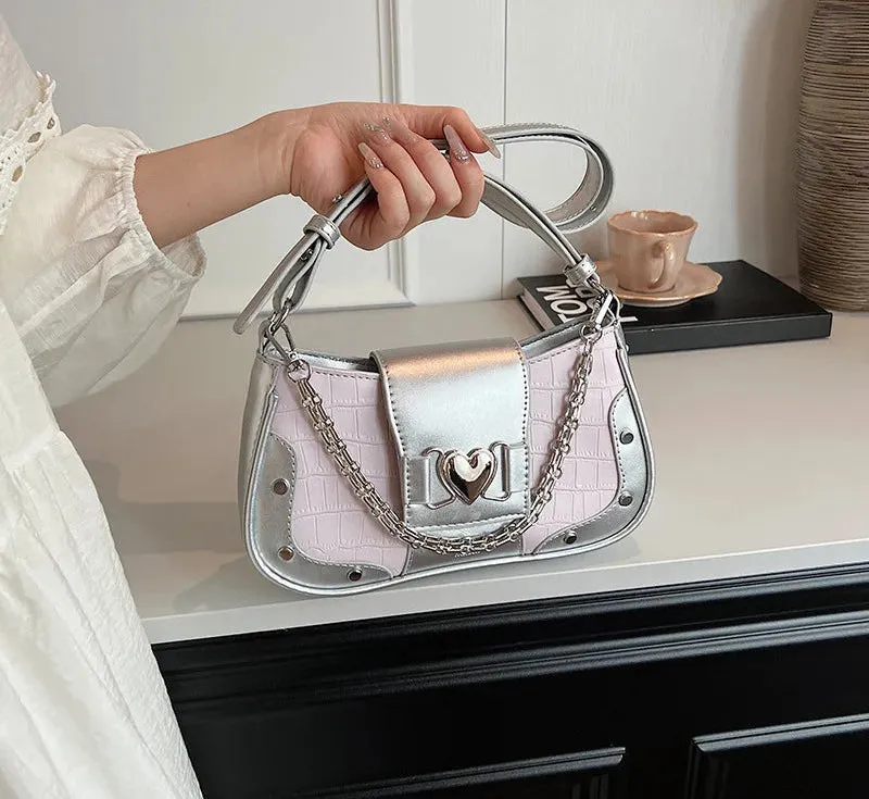Uakiss Luxury Design Elegant Heart Chain Underarm Bag Fashion Office Lady Fairy Crossbody Bags Contrast Color Y2k Ins Shoulder Handbags