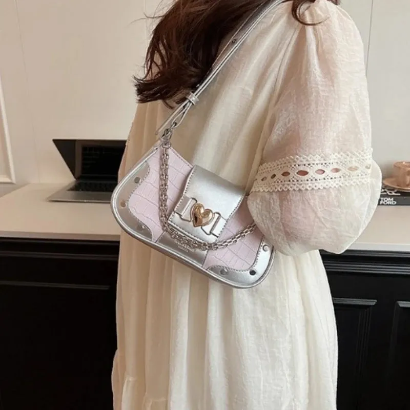 Uakiss Luxury Design Elegant Heart Chain Underarm Bag Fashion Office Lady Fairy Crossbody Bags Contrast Color Y2k Ins Shoulder Handbags