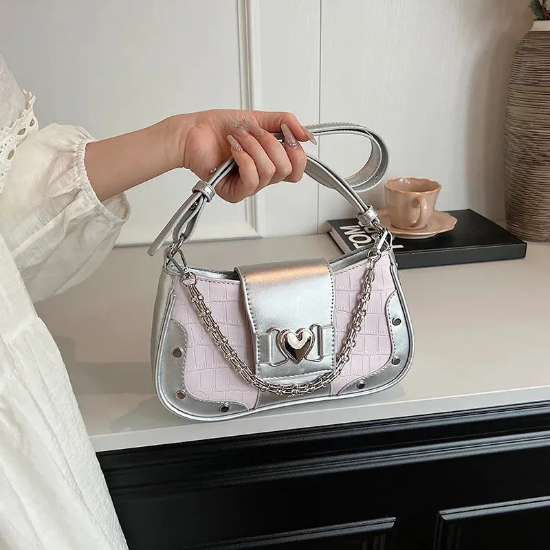 Uakiss Luxury Design Elegant Heart Chain Underarm Bag Fashion Office Lady Fairy Crossbody Bags Contrast Color Y2k Ins Shoulder Handbags