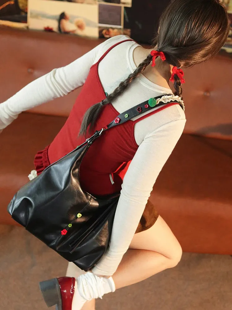 Uakiss Soft Leather Grunge All Match Shoulder Bag Women Vintage Fashion Kawaii Button Handbags Sweet Y2k Aesthetic Chic Crossbody Bags