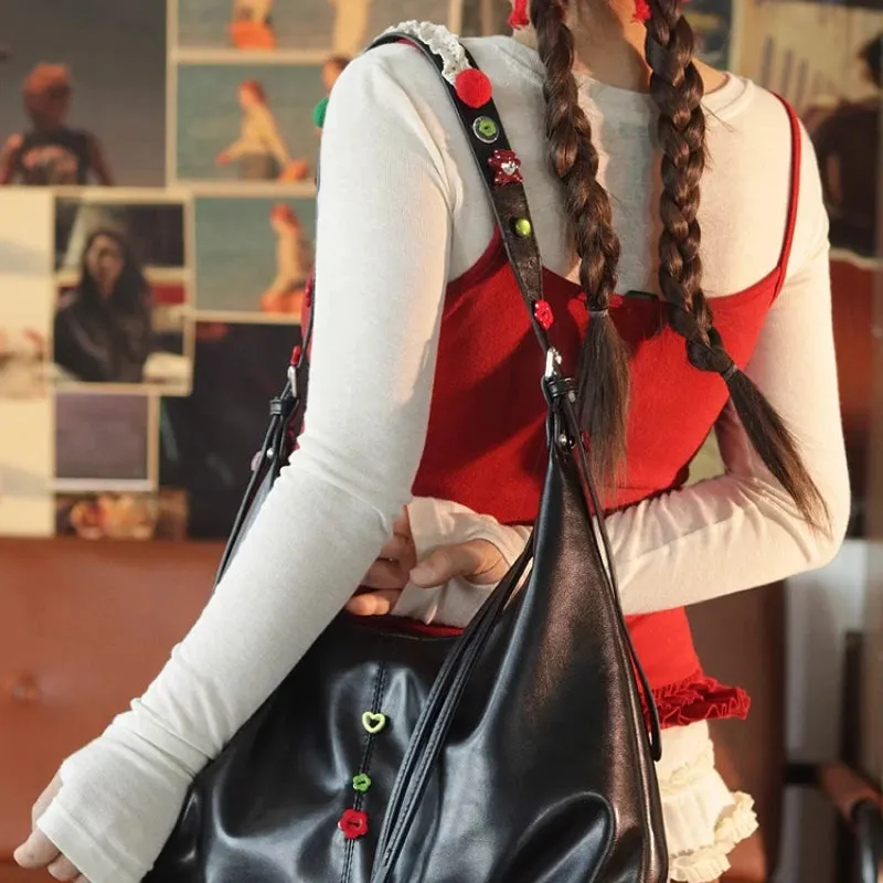 Uakiss Soft Leather Grunge All Match Shoulder Bag Women Vintage Fashion Kawaii Button Handbags Sweet Y2k Aesthetic Chic Crossbody Bags