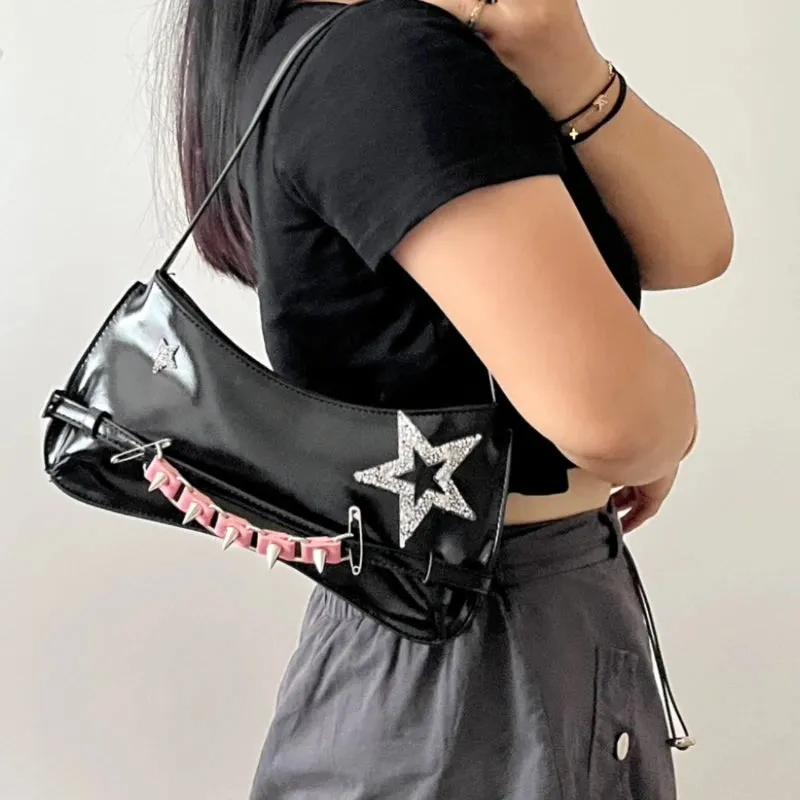Uakiss Streetwear Star Diamond Punk Shoulder Bags Vintage Y2k Aesthetic Women Chic Underarm Bag Office Lady Casual Handbags Crossbody