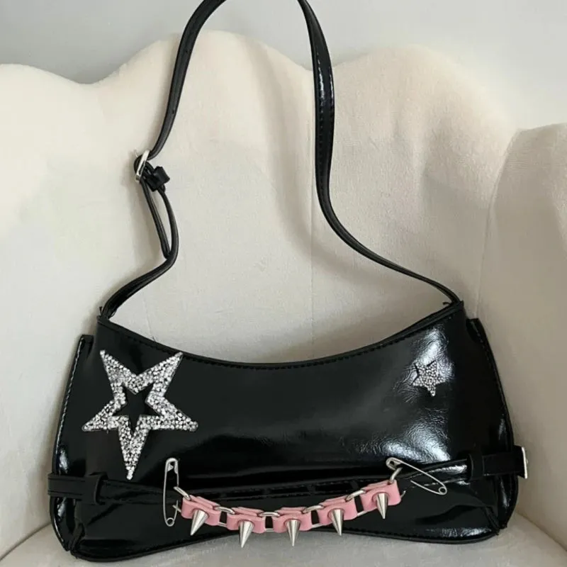 Uakiss Streetwear Star Diamond Punk Shoulder Bags Vintage Y2k Aesthetic Women Chic Underarm Bag Office Lady Casual Handbags Crossbody