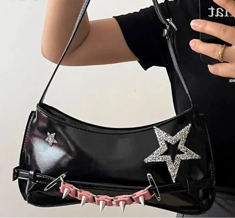 Uakiss Streetwear Star Diamond Punk Shoulder Bags Vintage Y2k Aesthetic Women Chic Underarm Bag Office Lady Casual Handbags Crossbody