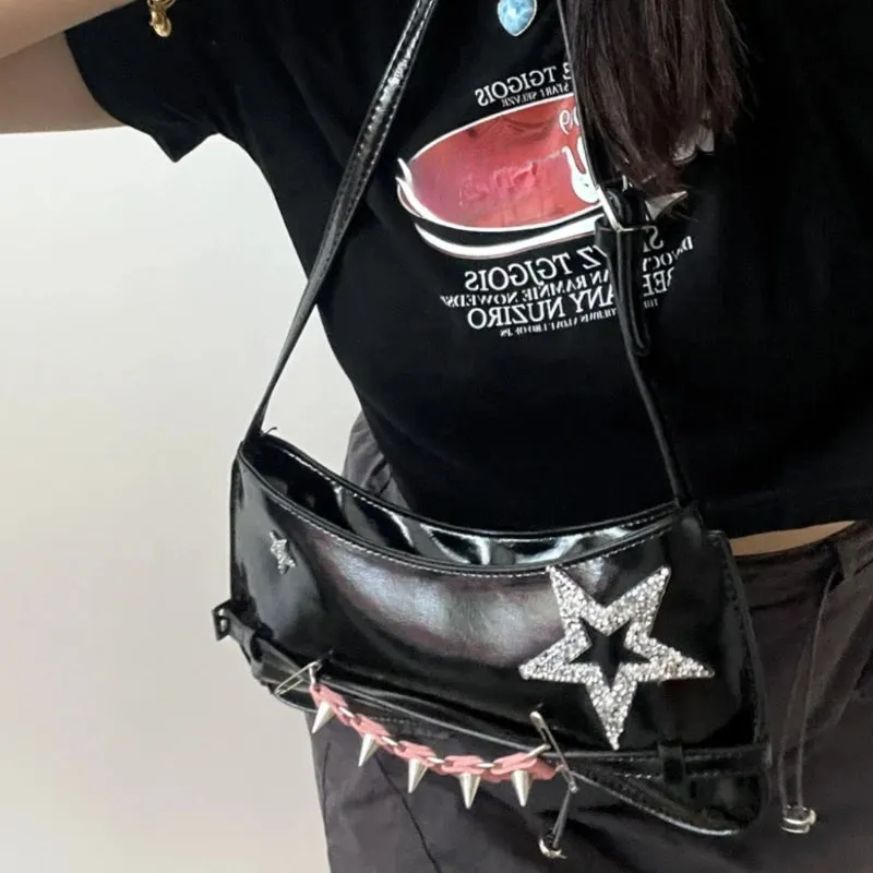 Uakiss Streetwear Star Diamond Punk Shoulder Bags Vintage Y2k Aesthetic Women Chic Underarm Bag Office Lady Casual Handbags Crossbody