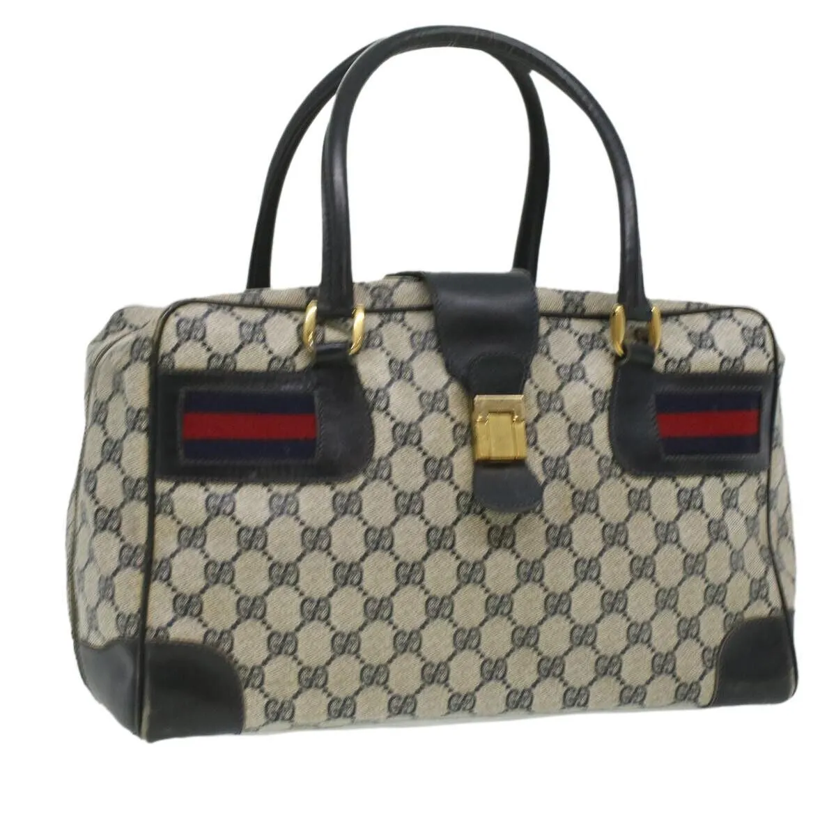 Very unusual, Gucci, blue Guccissima print & navy leather with wide red and blue striped corners, a footed bottom, dual zip closure top