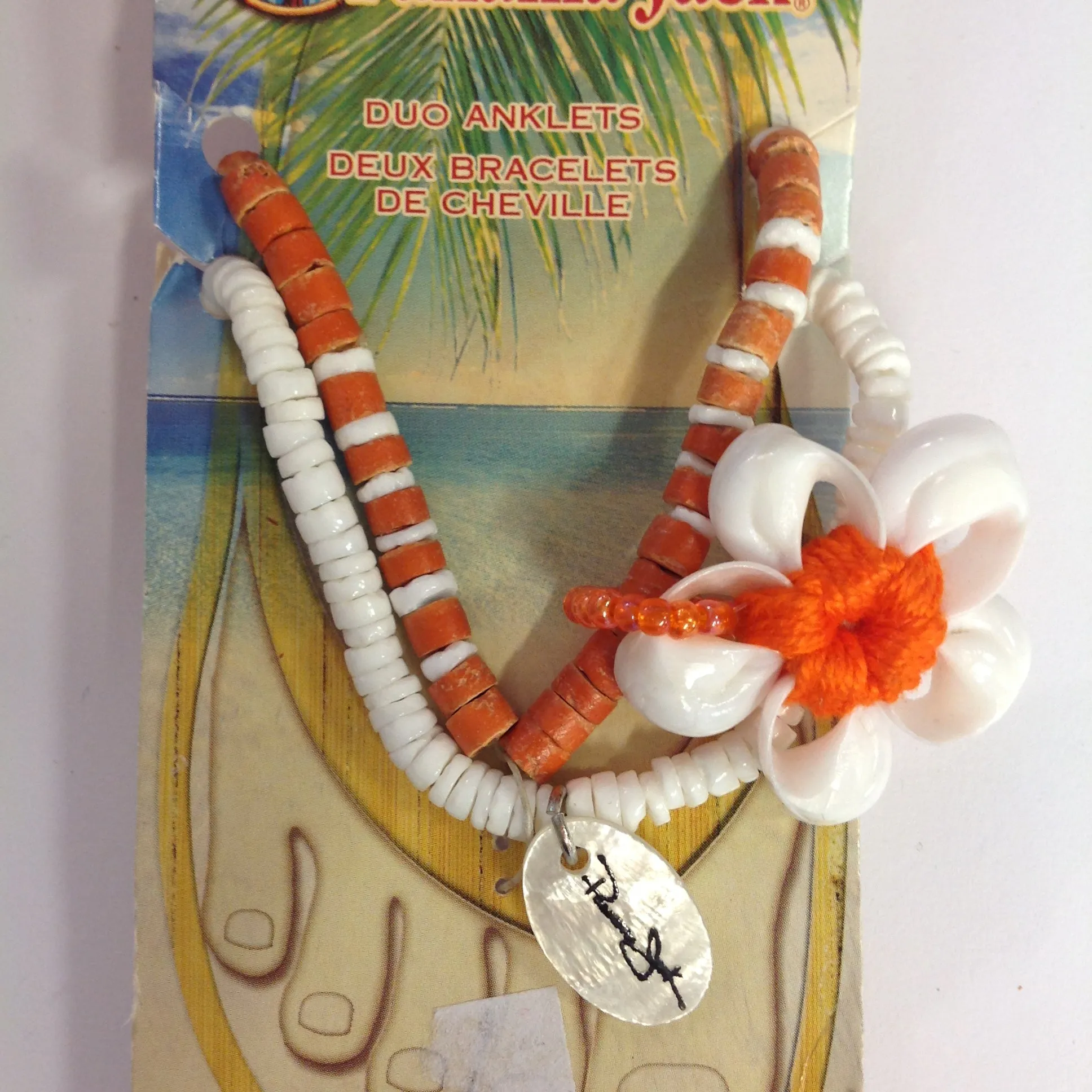 Vintage Authentic Panama Jack Duo Ankle Bracelet in Burnt Sienna with White Shell Flower