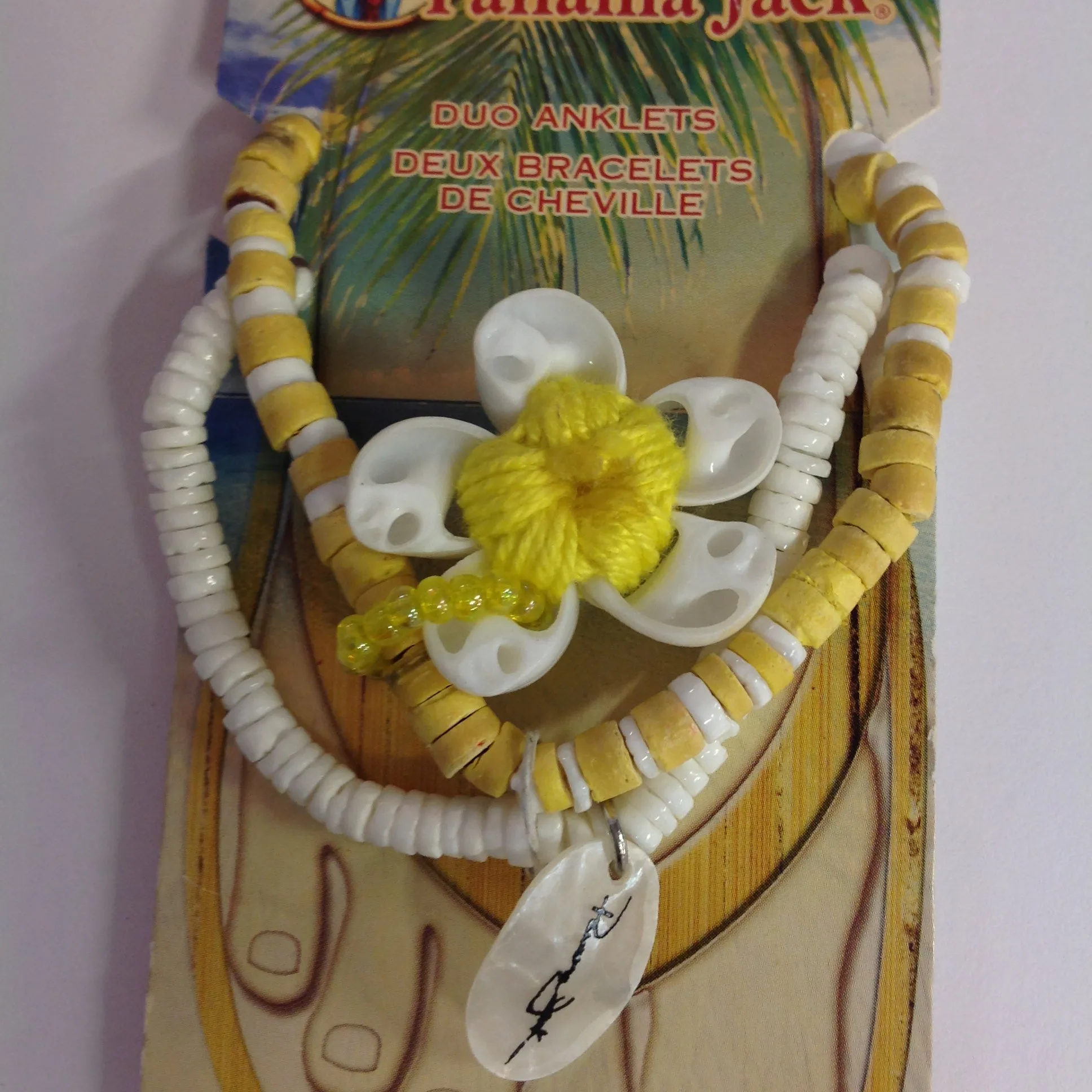 Vintage Authentic Panama Jack Duo Ankle Bracelet in Gold Beads and White Shell Flower