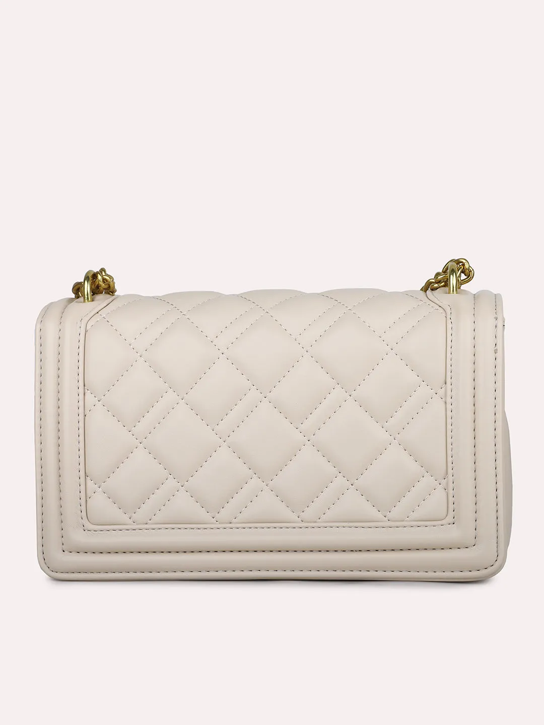 Women Off White Structured Chain Sling Bag with Quilted Detailing