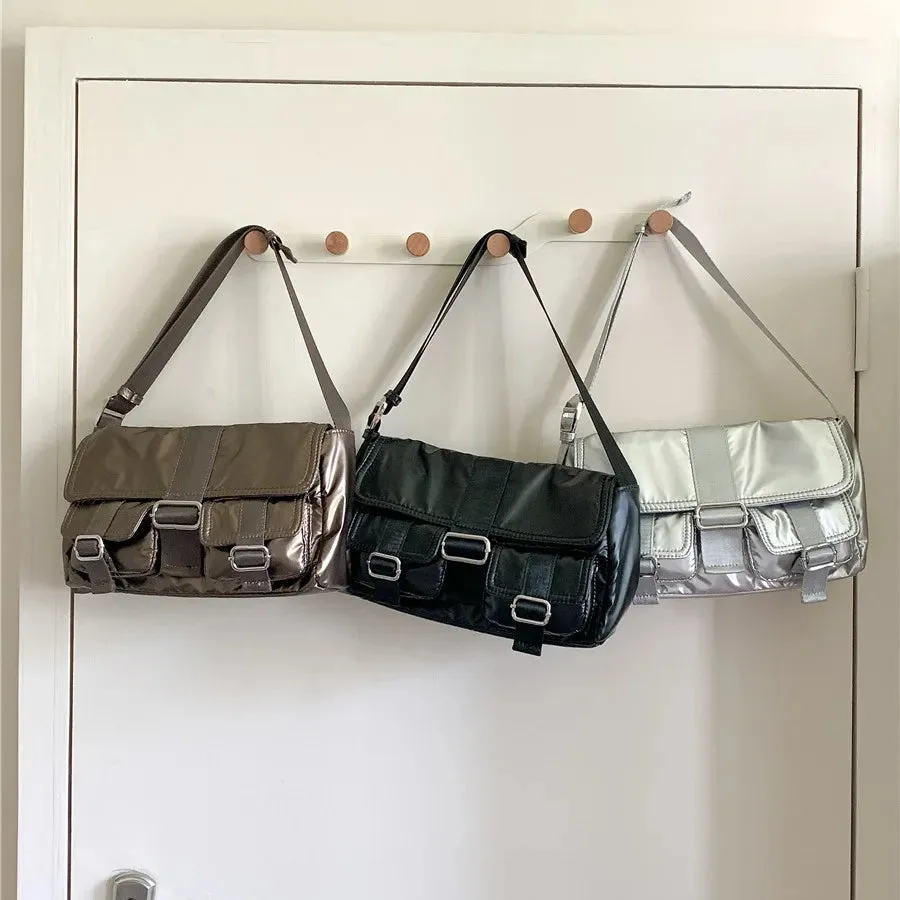 Y2K Style Silver Belt Design Small Pockets Underarm Bags for Women Korean Fashion Shoulder Bag Handbags and Purses